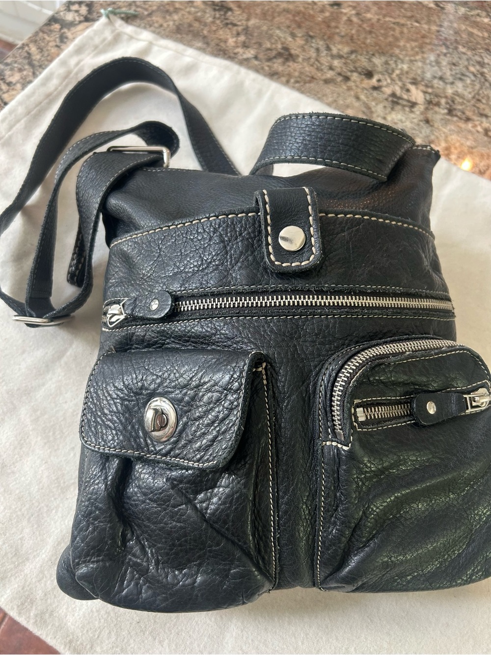 Black Leather Roots Crossbody Bag with Front Pockets